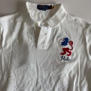 Polo Ralph Lauren Men's Medium White Mesh Paris Embroidered Polo Front Back Flaw
